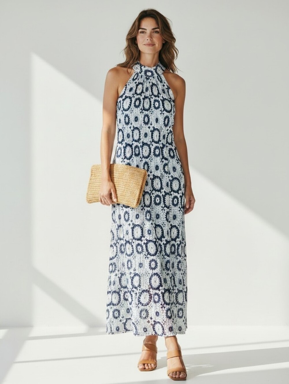 Cartolina Bridgette Crochet Granny Square Draped High Neck Halter Maxi Dress XL